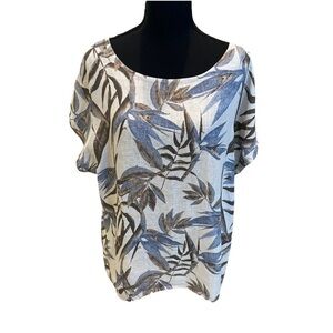 Terzo Milennio Floral Linen Blouse Blue Brown Cream Large